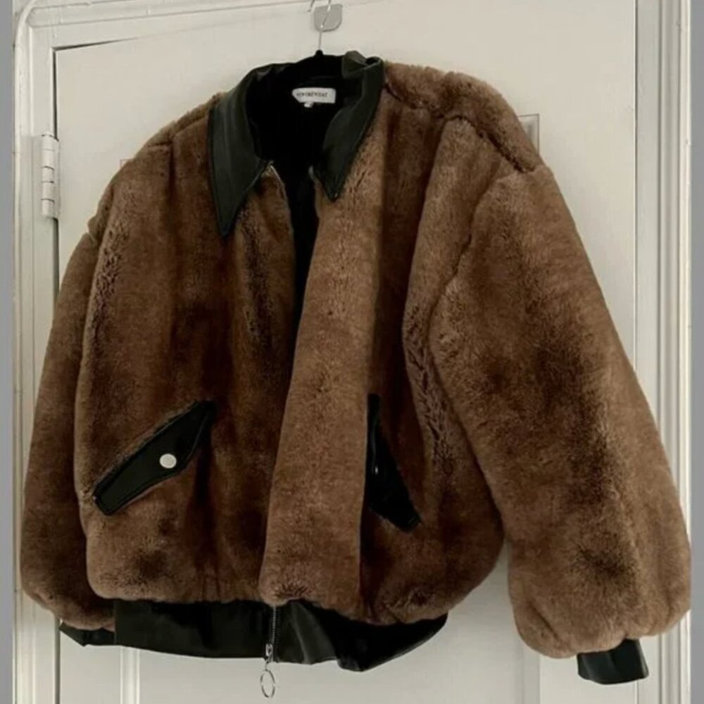 WeWoreWhat Faux Fur Bomber Jacket (Black/Brown)
